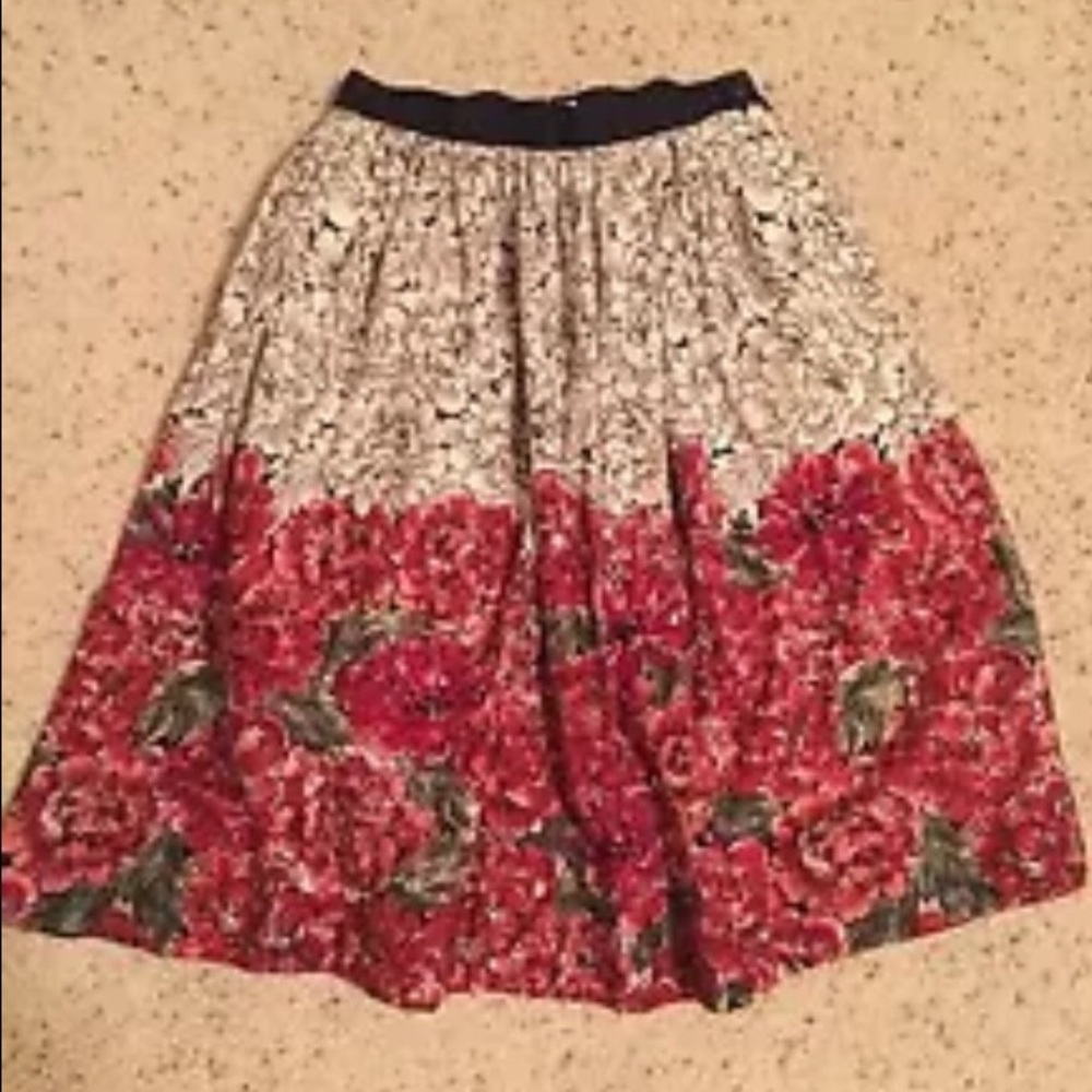 Anthropologie White and Red Floral A-Line Skirt
